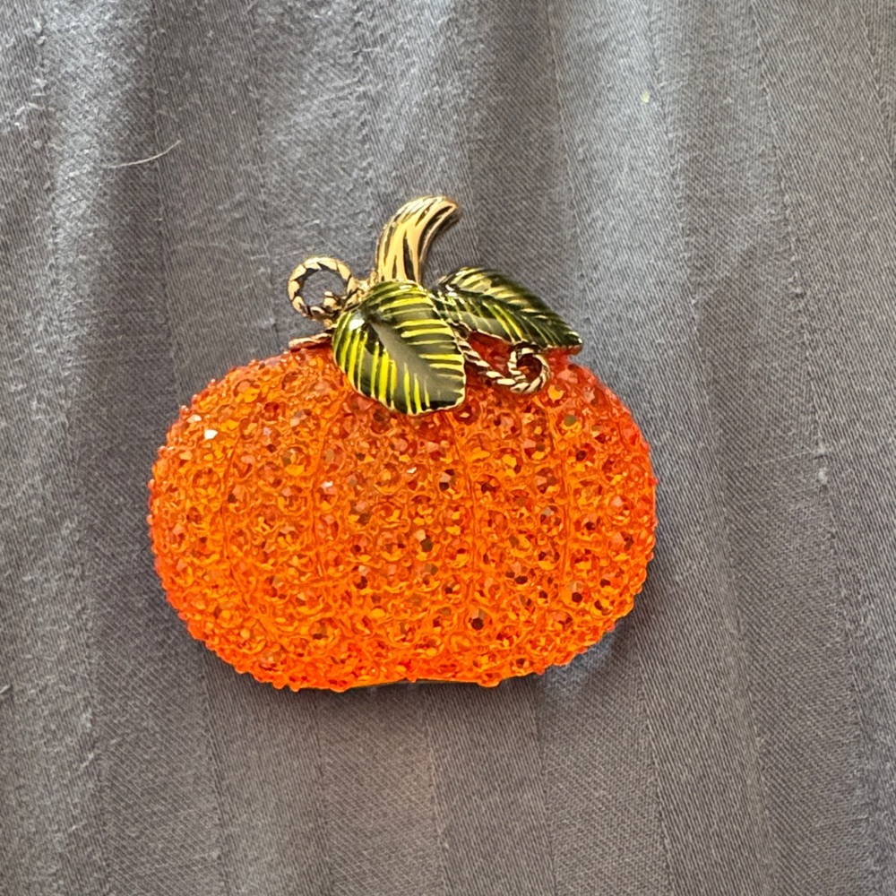 Crystal Pumpkin Brooch with Gold & Green Leaves